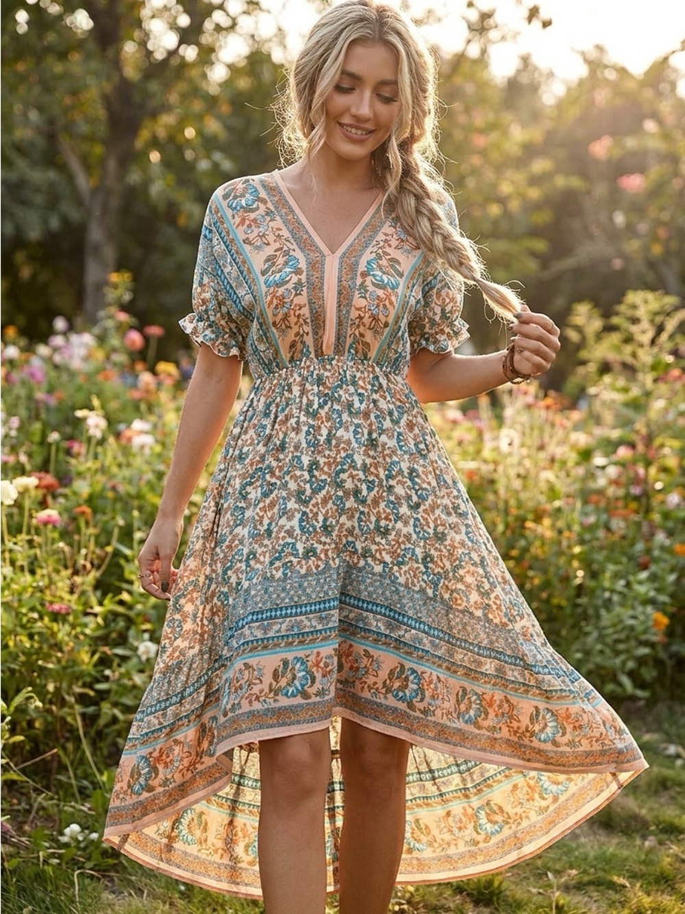 Women Boho Vintage Floral Print High-Low Midi Dress with Open Back